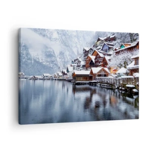 Impression sur toile - Image sur toile - Vue hivernale d'un village de montagne au bord du lac - 70x50cm - En décoration hivernale - Décoration murale moderne pour le salon et la chambre ARTTOR