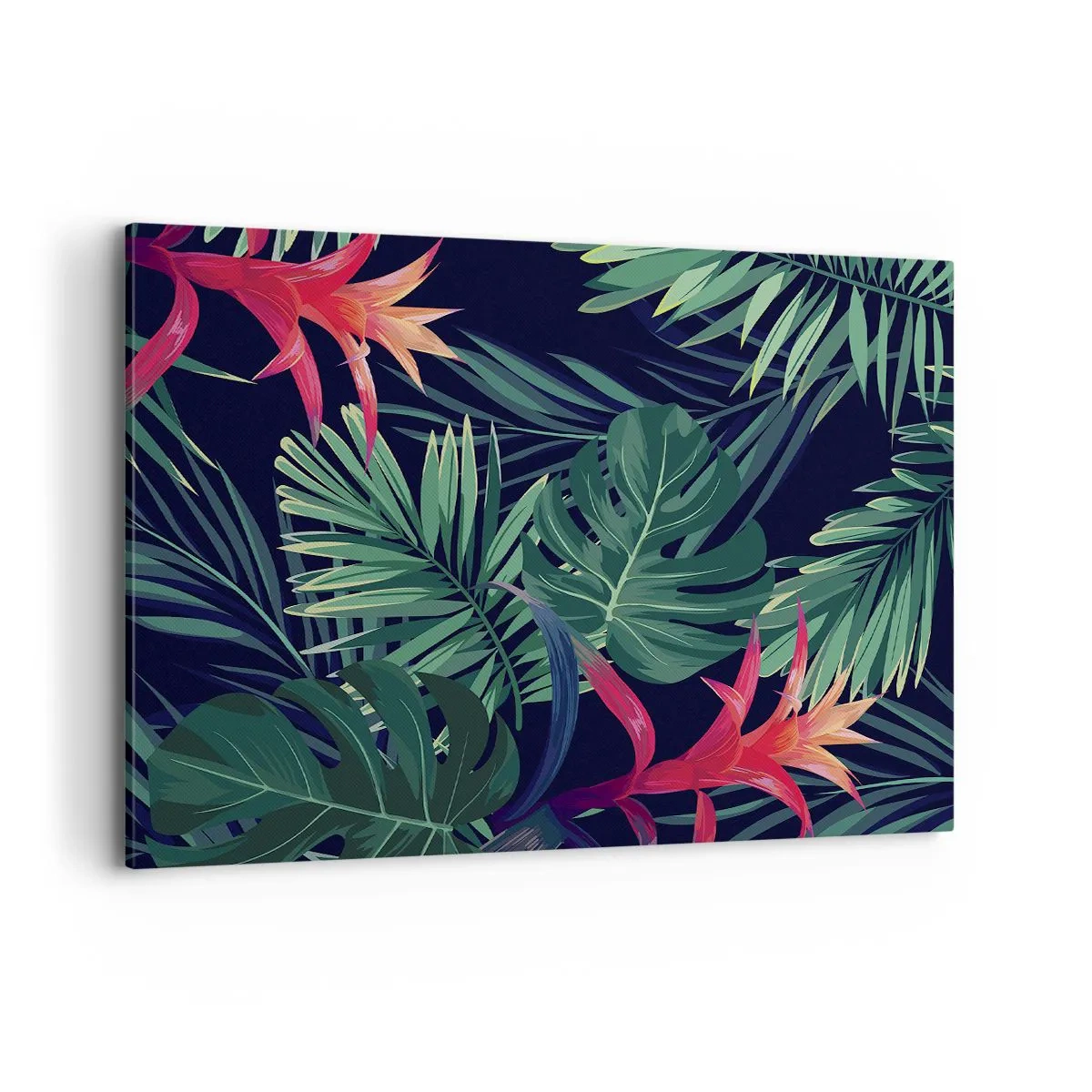 Impression sur toile - Image sur toile - Feuilles et fleurs tropicales sur fond sombre - 100x70cm - immergé dans la nature - Décoration murale moderne pour le salon et la chambre ARTTOR