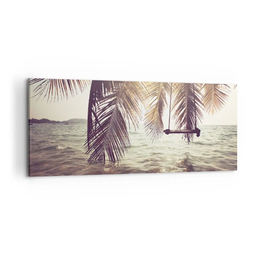 Impression sur toile - Image sur toile - Palmier avec une balançoire au-dessus de l'eau au soleil - 120x50cm - Vous pouvez vous balancer dans les nuages