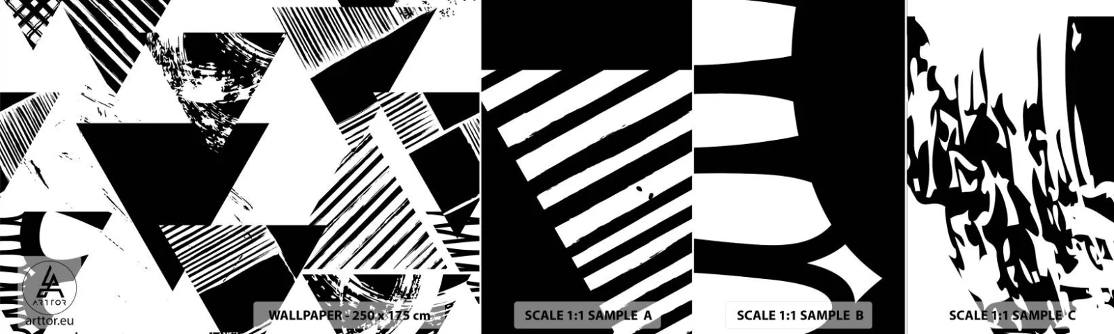 Échantillon De Papier Peint Standard Eco - Pluie de triangles - Abstraction, Graphique, Noir et blanc - 100x30 cm