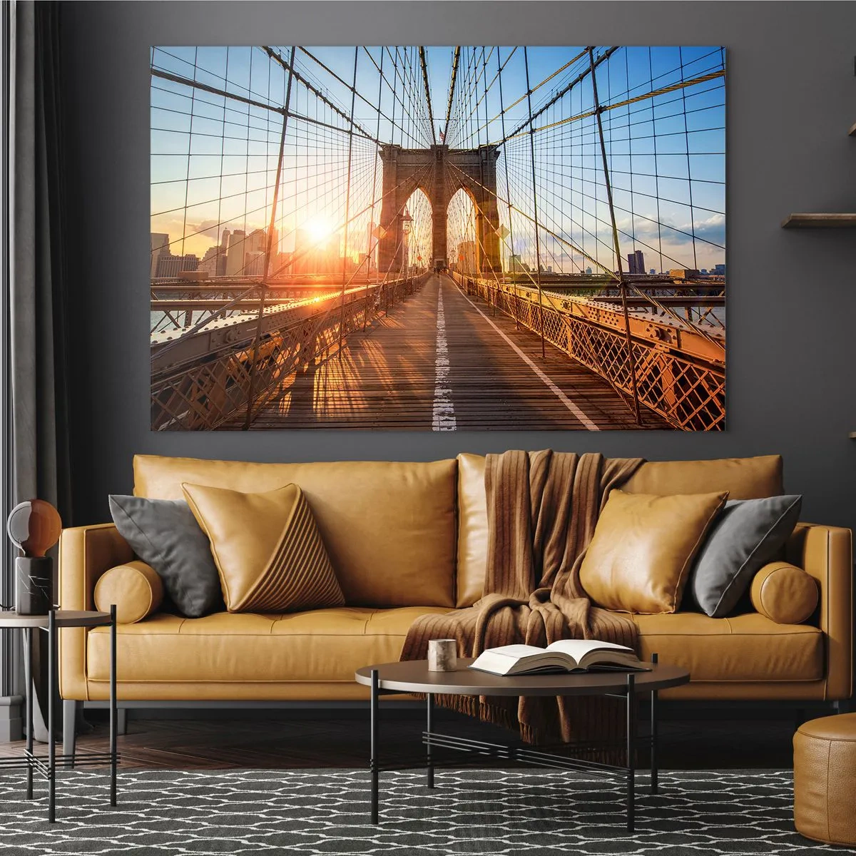 Impression sur verre - Image sur verre - Coucher de soleil sur le pont de Brooklyn à New York - 120x80cm - Sur le pont d'or - Décoration murale moderne pour le salon et la chambre ARTTOR