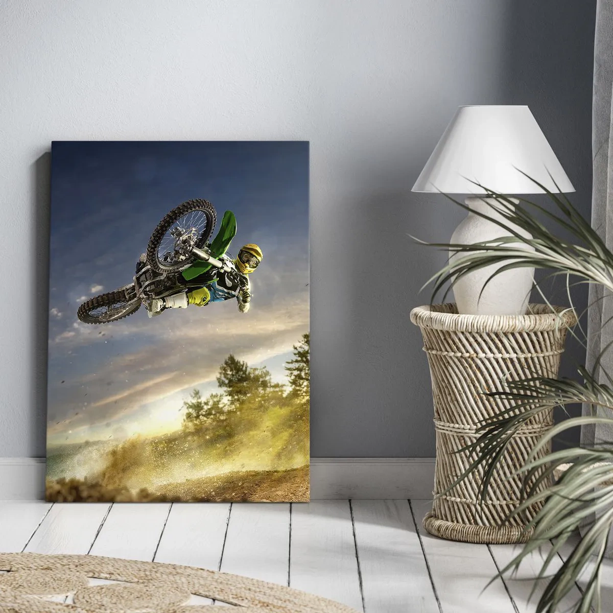 Impression sur toile - Image sur toile - Motocycliste dans un saut dynamique - 50x70cm - Activez les émotions ! - Décoration murale moderne pour le salon et la chambre ARTTOR