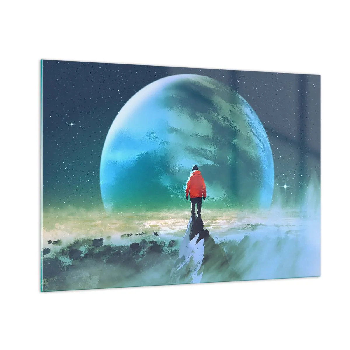 Impression sur verre - Image sur verre - Une silhouette vêtue d'une veste rouge sur fond d'une immense planète et d'étoiles - 100x70cm - Explorateur de la nouvelle terre - Décoration murale moderne pour le salon et la chambre ARTTOR