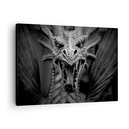 Impression sur toile - Image sur toile - Une tête de dragon menaçante en noir et blanc avec des détails expressifs. - 70x50cm - Un dragon imaginaire grisâtre - Décoration murale moderne pour le salon et la chambre ARTTOR