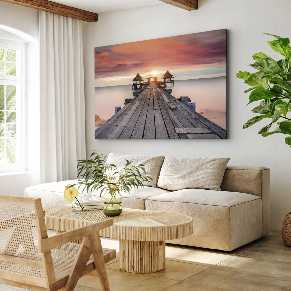 Impression sur toile - Image sur toile - Jetée en bois menant aux belvédères au coucher du soleil - 100x70cm - L'Ouest à l'Est - Décoration murale moderne pour le salon et la chambre ARTTOR