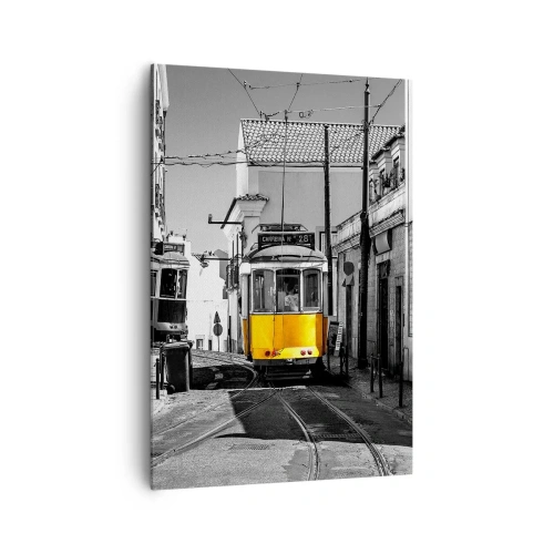 Impression sur toile - Image sur toile - Un tramway jaune dans les rues de Lisbonne dans un décor monochrome - 70x100cm - L'âme de Lisbonne - Décoration murale moderne pour le salon et la chambre ARTTOR