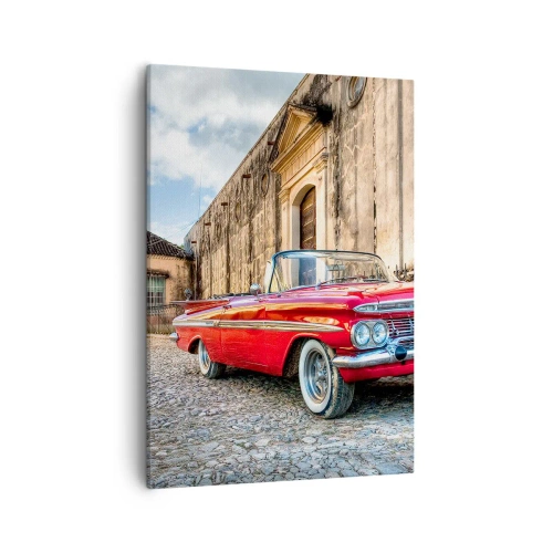 Impression sur toile - Image sur toile - Voiture classique rouge dans une rue pavée - 50x70cm - Émotions cubaines - Décoration murale moderne pour le salon et la chambre ARTTOR
