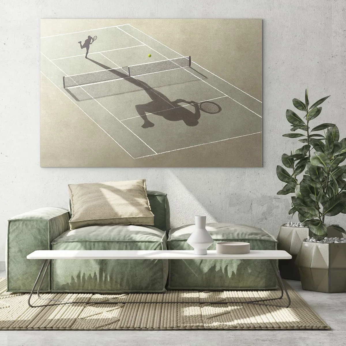 Impression sur verre - Image sur verre - La silhouette d'un joueur de tennis et son ombre sur le court pendant un service - 100x70cm - Dépassement de soi - Décoration murale moderne pour le salon et la chambre ARTTOR