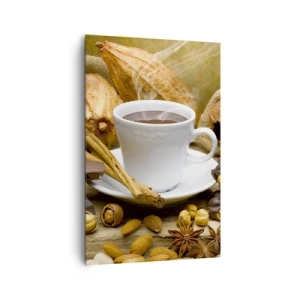 Impression sur toile - Image sur toile - Une tasse de chocolat chaud entourée de cacao et de cannelle - 80x120cm - Pour les amateurs de sensations fortes - Décoration murale moderne pour le salon et la chambre ARTTOR
