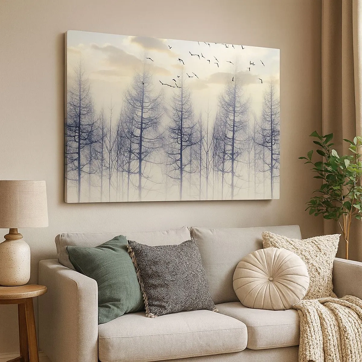 Impression sur toile - Image sur toile - Forêt brumeuse avec des oiseaux contre le ciel du coucher du soleil - 70x50cm - L'âme de la forêt - Décoration murale moderne pour le salon et la chambre ARTTOR