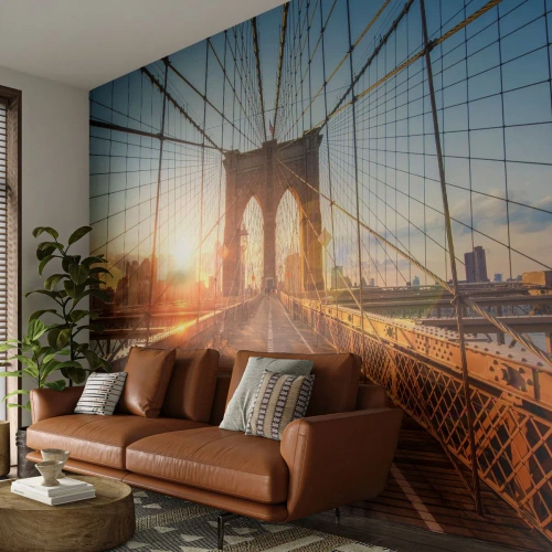Papier Peint Autocollant Deluxe Sticker - Sur le pont d'or - New York, le pont de Brooklyn, Architecture - 100x70 cm
