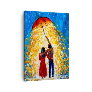Impression sur toile - Image sur toile - Un couple sous un parapluie rouge sous la pluie lumineuse - 50x70cm - La magie d'une soirée pluvieuse ? - Décoration murale moderne pour le salon et la chambre ARTTOR