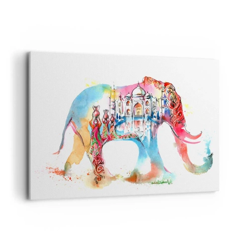 Impression sur toile - Image sur toile - Aquarelle colorée d'un éléphant avec un motif du Taj Mahal - 100x70cm - Inde - l'aura de l'amour - Décoration murale moderne pour le salon et la chambre ARTTOR