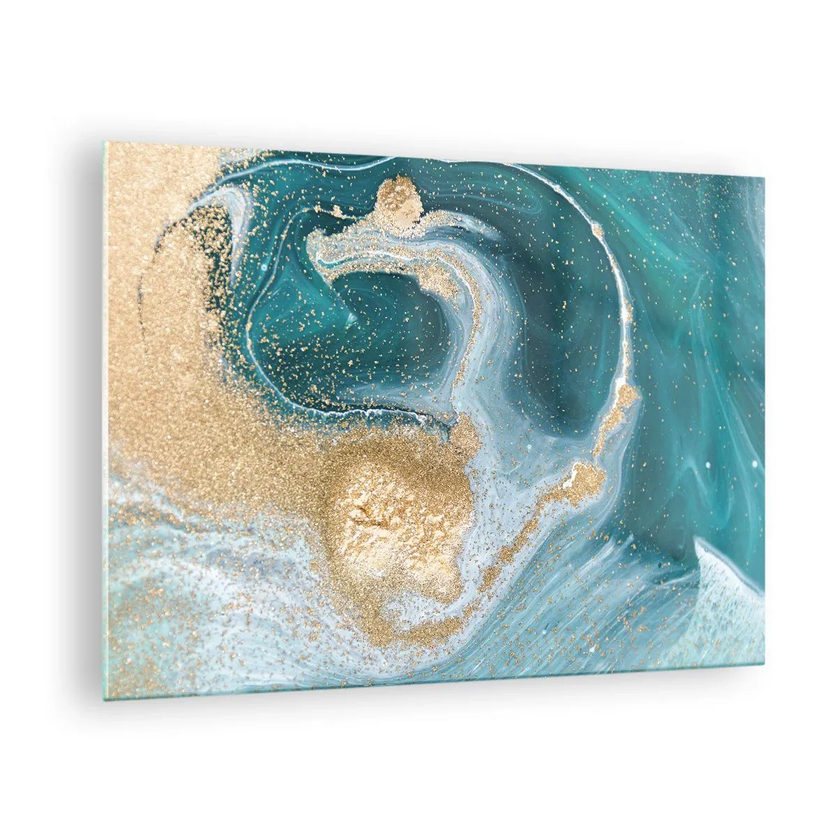 Impression sur verre - Image sur verre - De l'or sur des vagues turquoise dans un style abstrait - 70x50cm - Tourbillon d'or et de turquoise - Décoration murale moderne pour le salon et la chambre ARTTOR