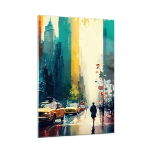 Impression sur verre - Image sur verre - Taxis colorés et gratte-ciels dans une rue humide de la ville - 50x70cm - New York – ici même la pluie est colorée - Décoration murale moderne pour le salon et la chambre ARTTOR