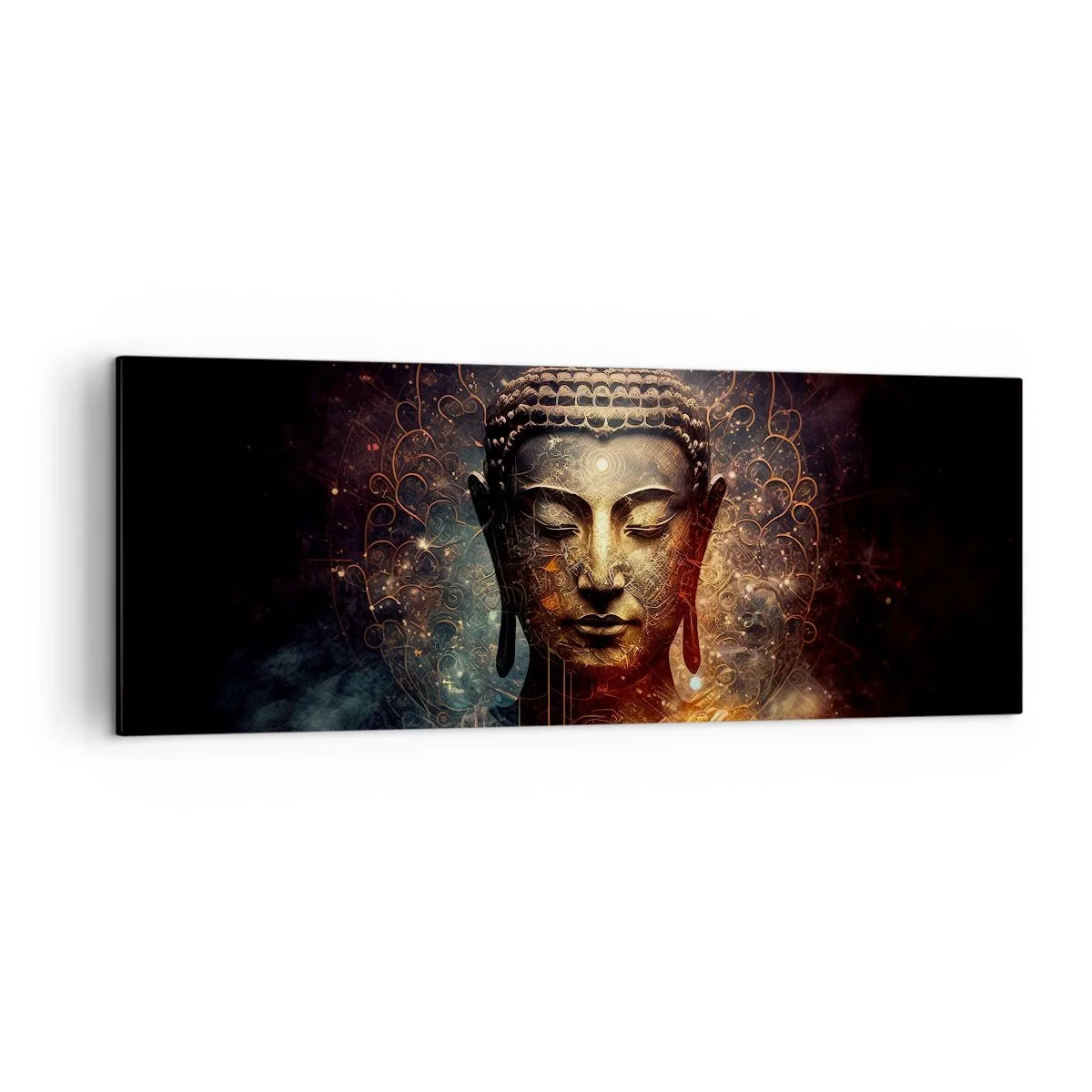 Impression sur toile - Image sur toile - Bouddha doré sur fond sombre avec ornements - 140x50cm - Équilibre spirituel - Décoration murale moderne pour le salon et la chambre ARTTOR