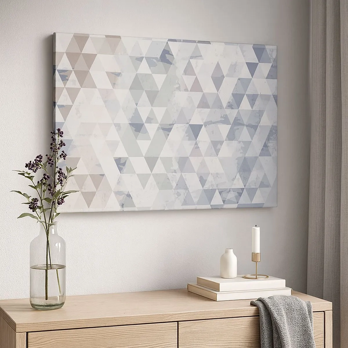 Impression sur toile - Image sur toile - Motif géométrique triangulaire dans des tons pastel - 70x50cm - En rythme de trois - Décoration murale moderne pour le salon et la chambre ARTTOR