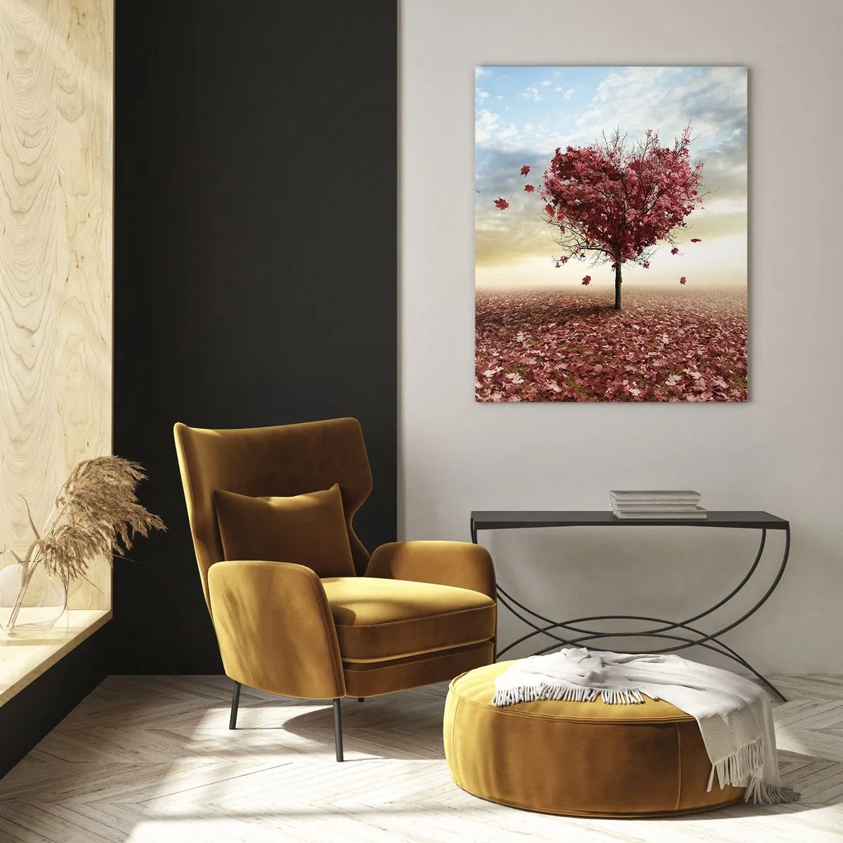 Impression sur verre - Image sur verre - Un arbre solitaire en forme de cœur dans un champ de feuilles rouges - 80x120cm - Vous allez aussi aimer l'automne - Décoration murale moderne pour le salon et la chambre ARTTOR