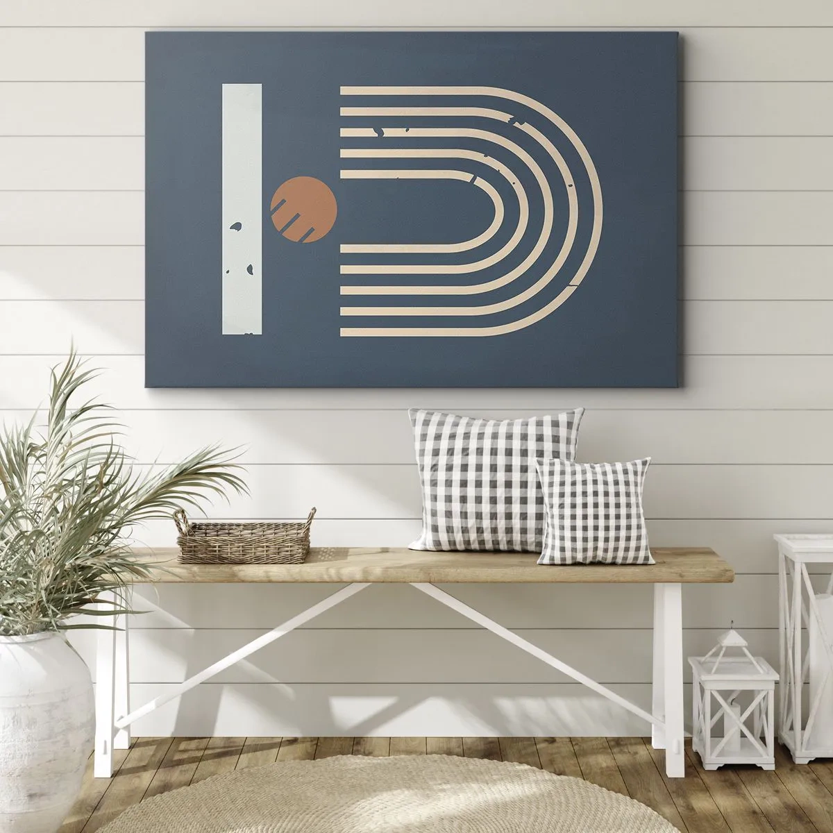 Impression sur toile - Image sur toile - Motif géométrique dans les tons bleu marine, beige et orange sur fond sombre - 70x50cm - Géométrie sur la grenade - Décoration murale moderne pour le salon et la chambre ARTTOR