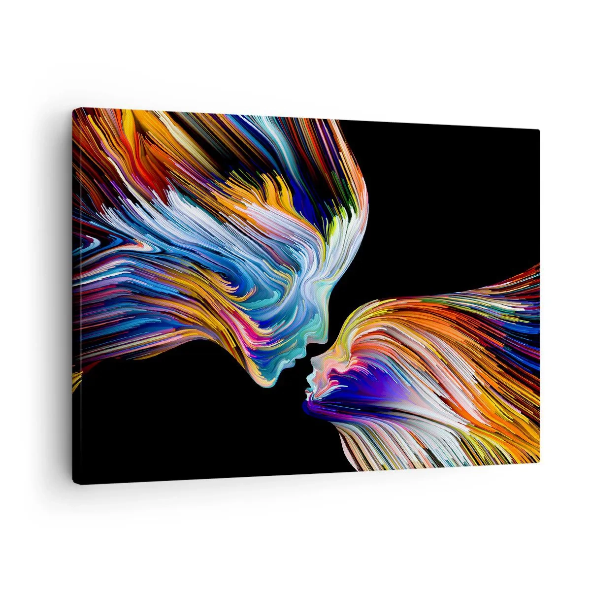 Impression sur toile - Image sur toile - Silhouettes colorées de visages dans des flux dynamiques sur fond noir - 70x50cm - Une fusion d'énergie et de lumière - Décoration murale moderne pour le salon et la chambre ARTTOR