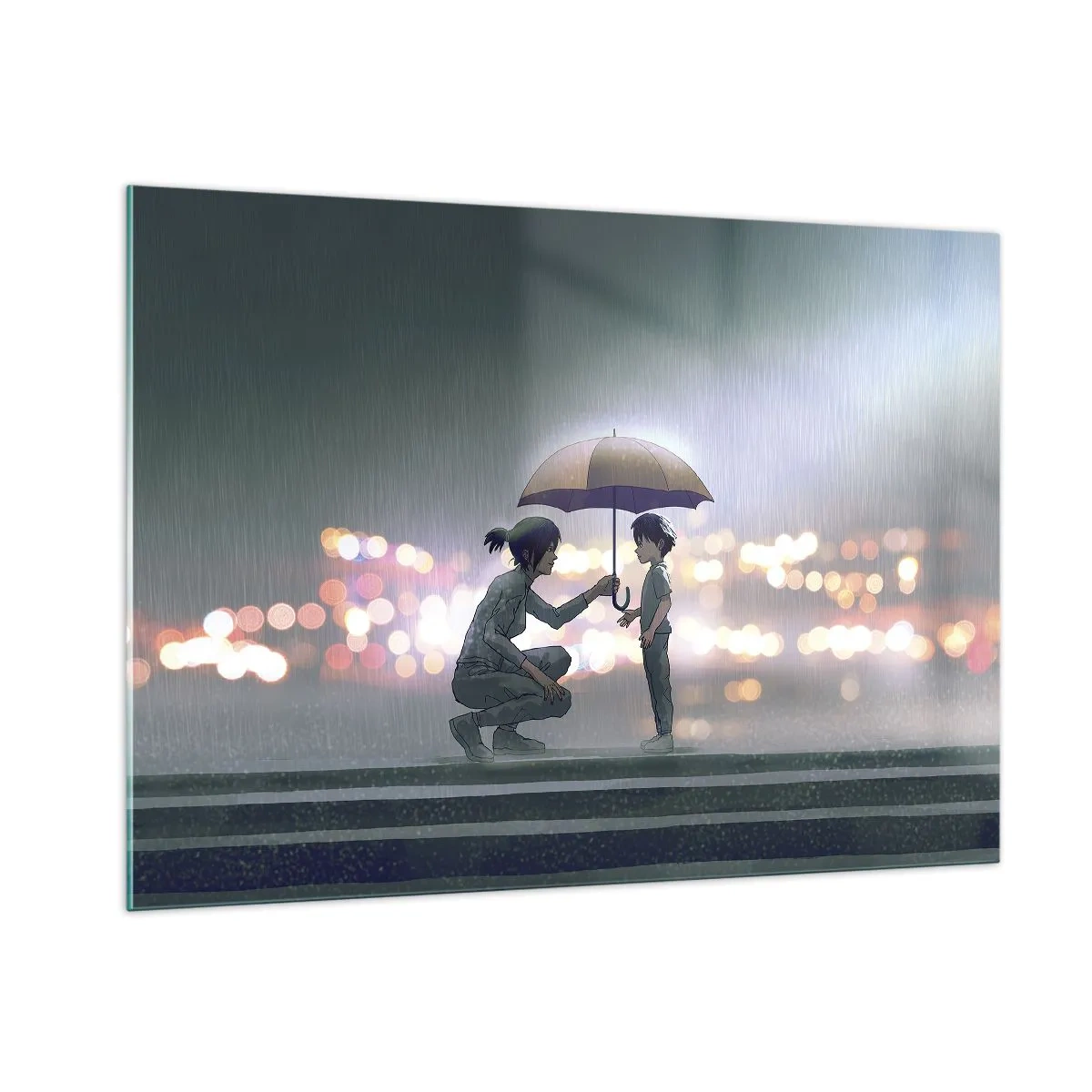 Impression sur verre - Image sur verre - Personnages sous la pluie avec des parapluies sur fond de lumières nocturnes - 100x70cm - Et maintenant, tout va bien - Décoration murale moderne pour le salon et la chambre ARTTOR
