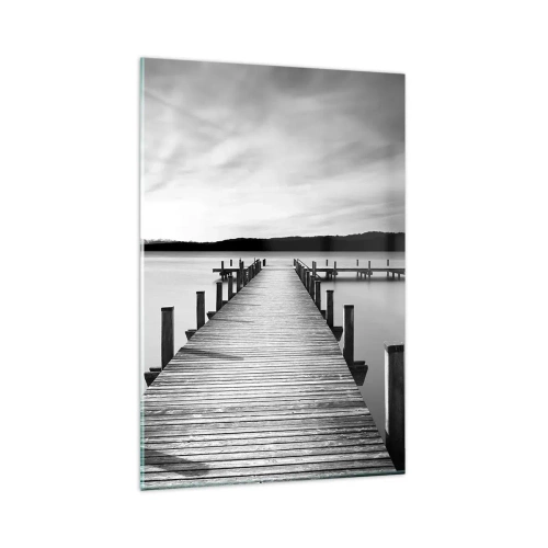 Impression sur verre - Image sur verre - Une jetée noire et blanche sur un lac calme - 80x120cm - Au point d'eau - la paix - Décoration murale moderne pour le salon et la chambre ARTTOR
