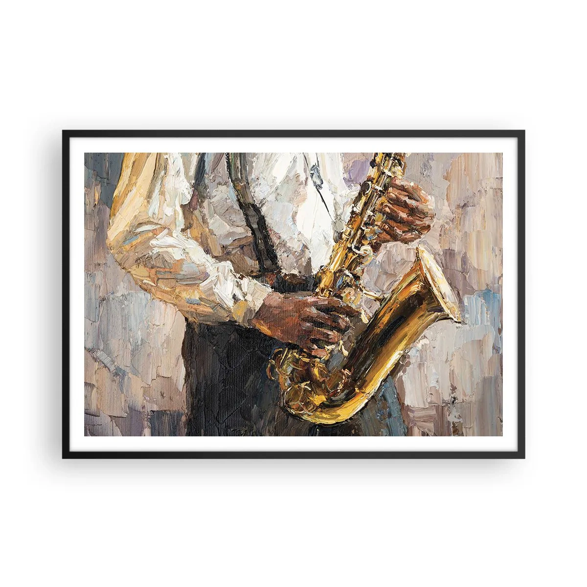 Affiche dans un cadre noir - Poster - Un musicien jouant du saxophone dans un style artistique - 100x70cm - C'est l'heure du solo - Décoration murale moderne pour le salon et la chambre ARTTOR