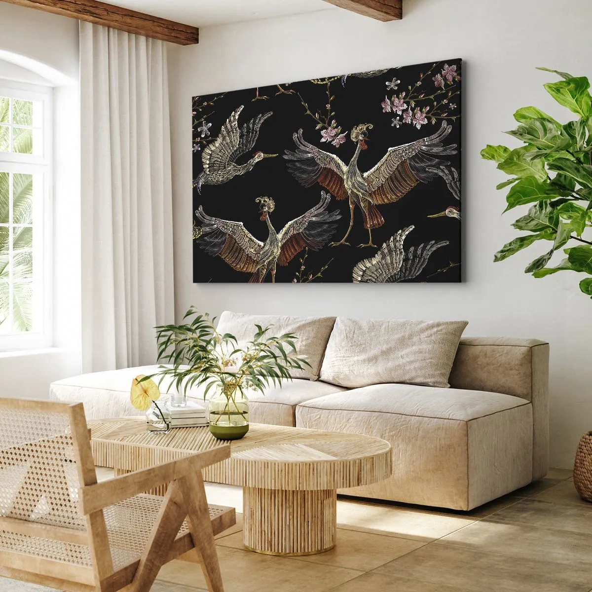 Impression sur toile - Image sur toile - Grues et fleurs élégantes sur fond noir - 70x50cm - Un oiseau de conte de fées - Décoration murale moderne pour le salon et la chambre ARTTOR