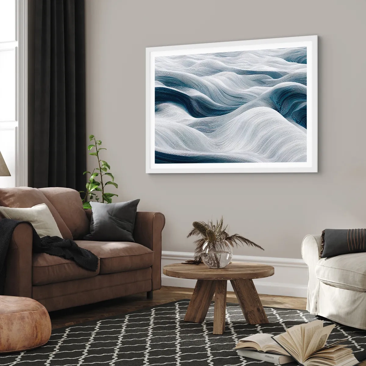 Affiche dans un cadre blanc - Poster - Vagues blanches et bleues - 91x61 cm