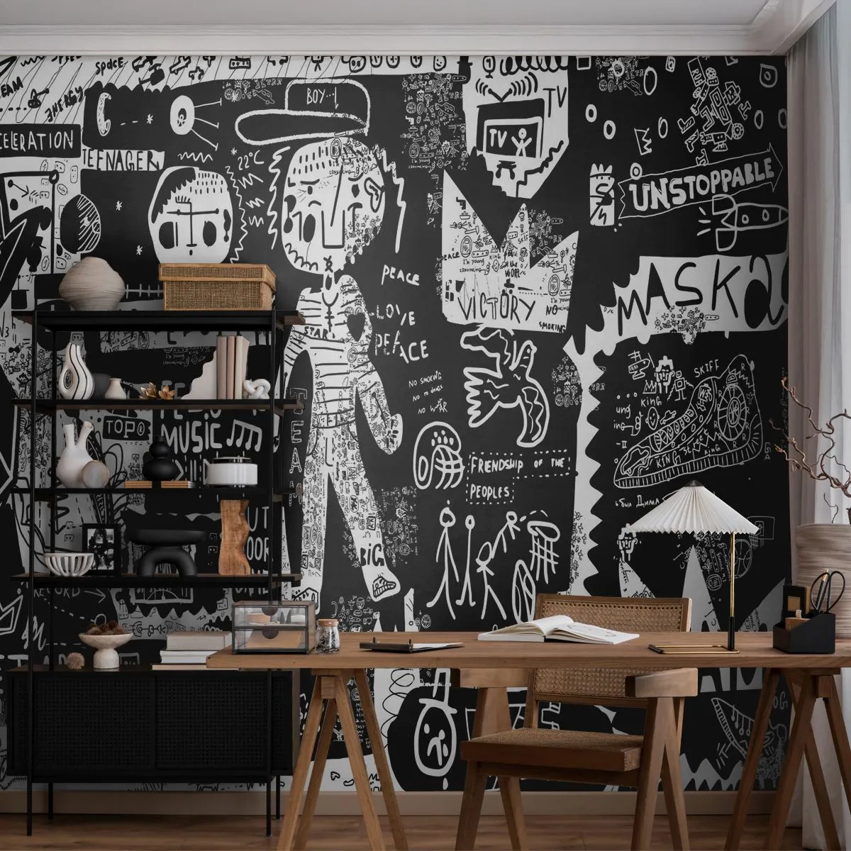 Papier Peint Photo Premium Sand - Composition de graffitis de street art en noir et blanc - 100x70cm - Jeunesse spirituelle de loi et de joie - Décoration murale moderne pour le salon et la chambre ARTTOR