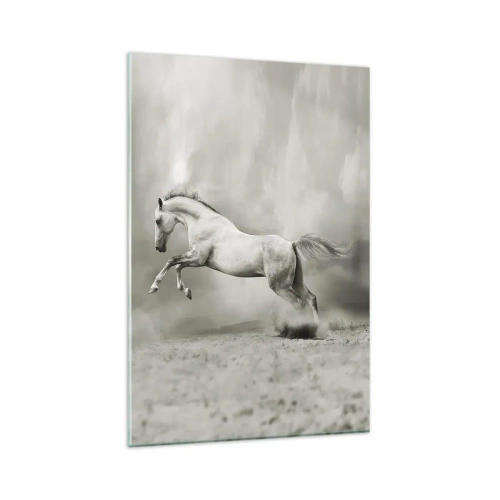 Impression sur verre - Image sur verre - Un cheval blanc dans un saut dynamique sur fond de nuages brumeux. - 80x120cm - Entre le réveil et le sommeil - Décoration murale moderne pour le salon et la chambre ARTTOR