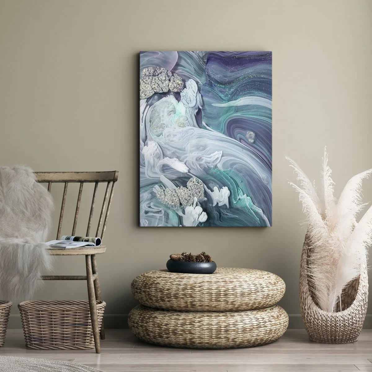 Impression sur toile - Image sur toile - Tourbillons abstraits dans des tons de bleu et de blanc - 50x70cm - Courants bleus - Décoration murale moderne pour le salon et la chambre ARTTOR