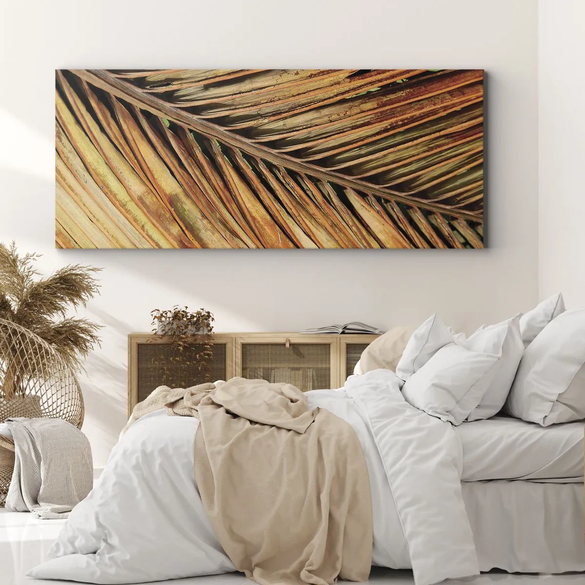 Impression sur toile - Image sur toile - Gros plan d'une feuille de palmier sèche aux tons chauds - 160x50cm - Or de noix de coco - Décoration murale moderne pour le salon et la chambre ARTTOR