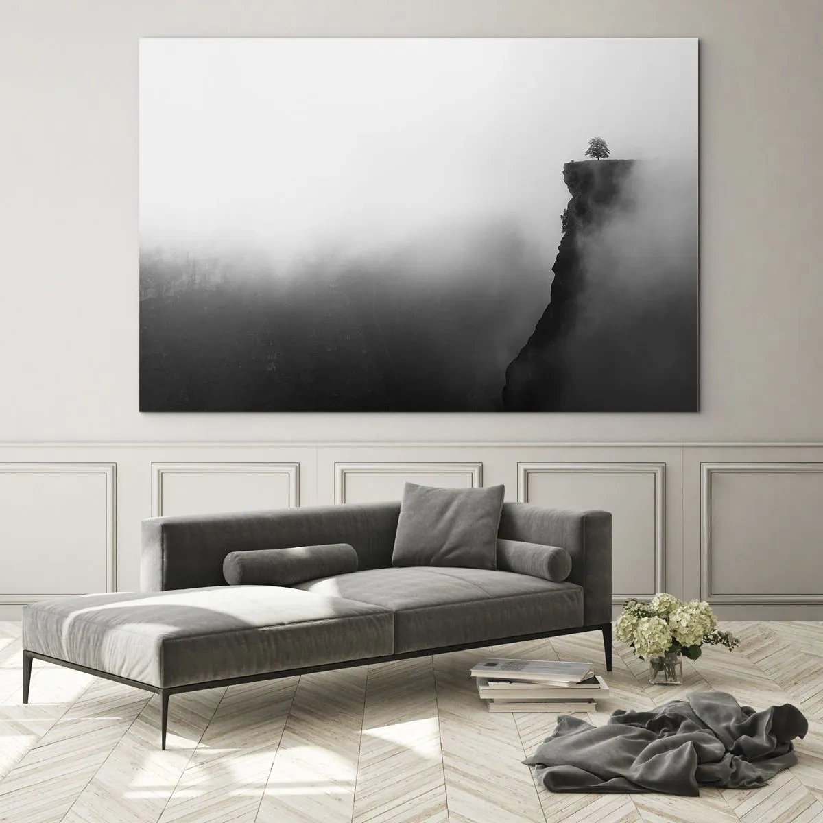 Impression sur verre - Image sur verre - Un arbre solitaire au bord d'une falaise dans un épais brouillard - 70x50cm - Au bord du monde - Décoration murale moderne pour le salon et la chambre ARTTOR