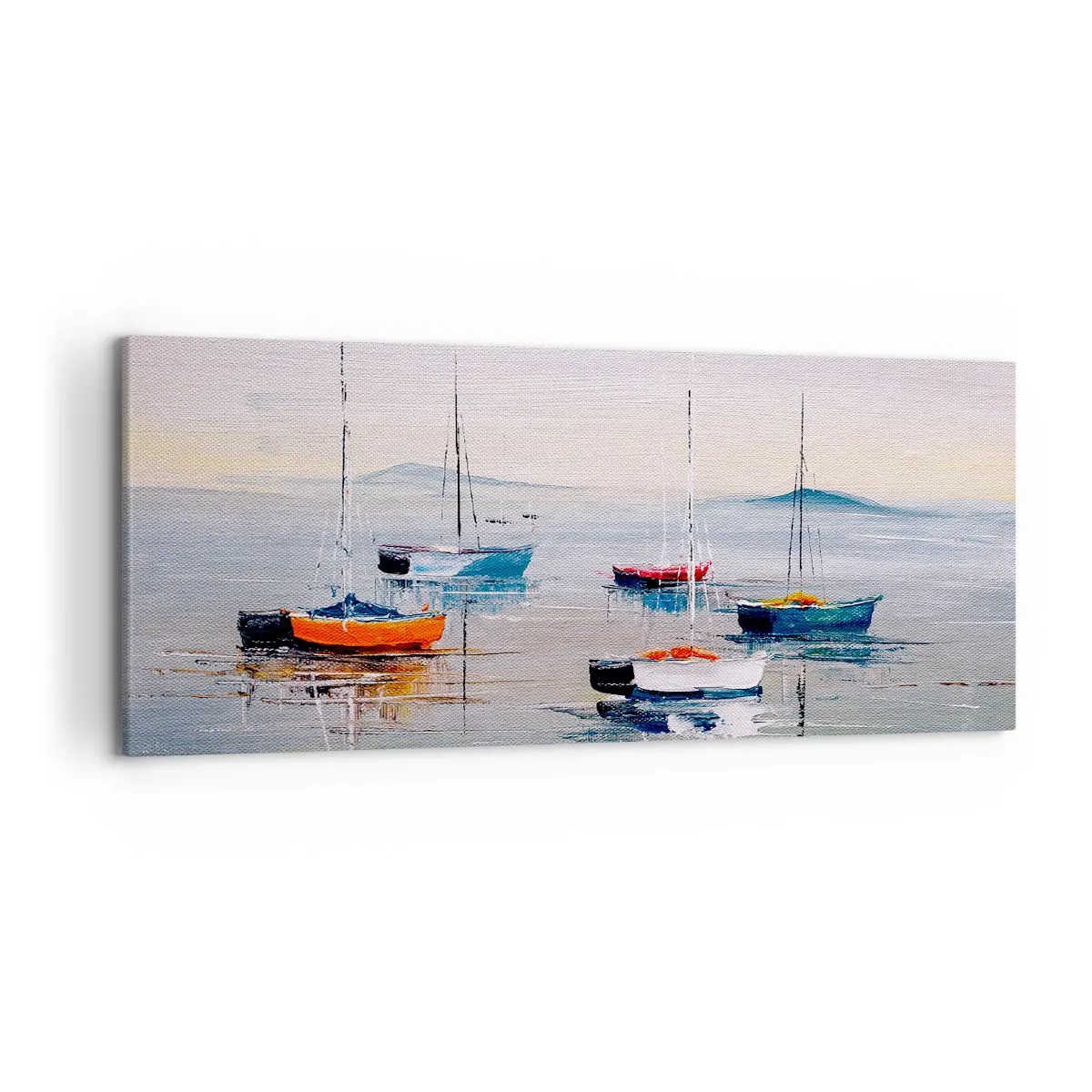 Impression sur toile - Image sur toile - Bateaux colorés sur une eau calme - 120x50cm - Un repos bien mérité - Décoration murale moderne pour le salon et la chambre ARTTOR