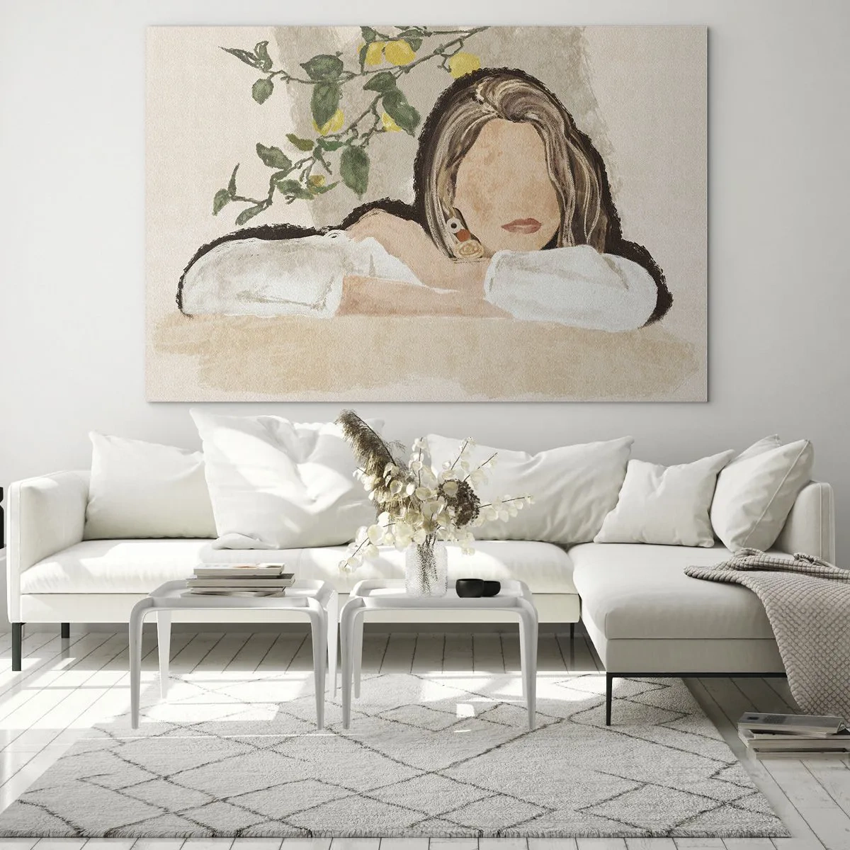 Impression sur verre - Image sur verre - Une femme appuyée sur une table parmi les branches d'un citronnier, le visage sans traits. - 70x50cm - La beauté du sud - Décoration murale moderne pour le salon et la chambre ARTTOR