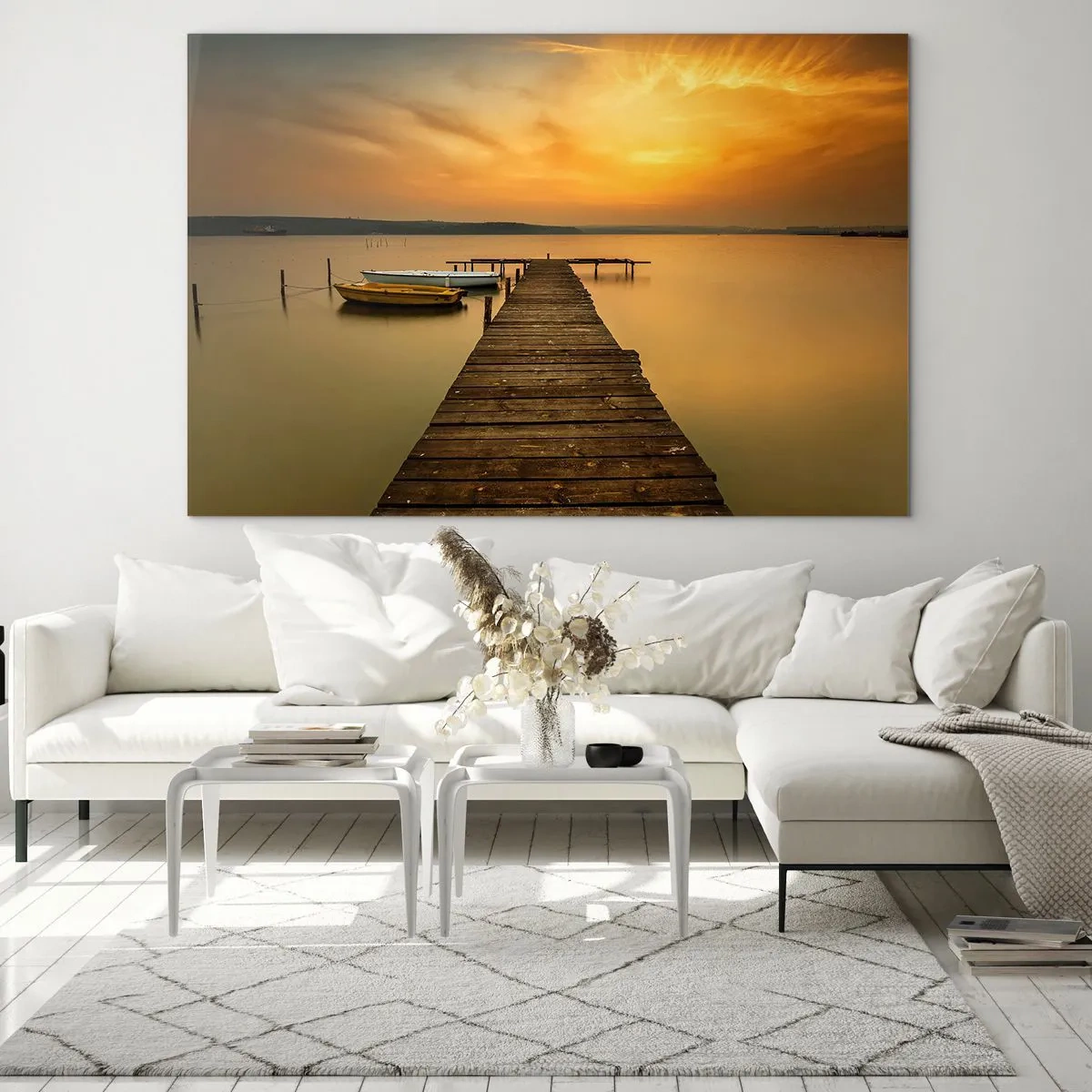 Impression sur verre - Image sur verre - Jetée sur le lac au coucher du soleil avec un bateau - 120x80cm - Je t'ouvrirai le ciel d'or - Décoration murale moderne pour le salon et la chambre ARTTOR