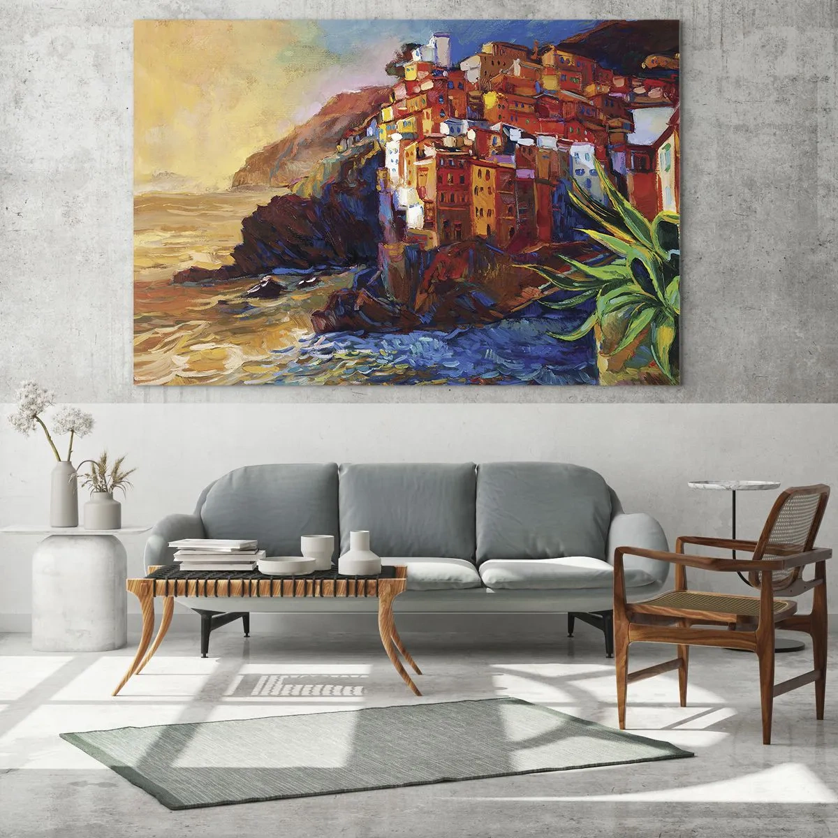 Impression sur verre - Image sur verre - Une ville colorée sur une falaise surplombant la mer - 120x80cm - Climats italien - Décoration murale moderne pour le salon et la chambre ARTTOR