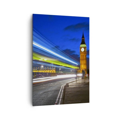 Impression sur toile - Image sur toile - Big Ben la nuit avec l'effet des lumières dans la circulation routière - 70x100cm - Sous l'œil de Big Ben - Décoration murale moderne pour le salon et la chambre ARTTOR