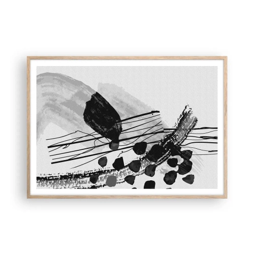 Affiche dans un chêne clair - Poster - Abstraction organique noir et blanc - 100x70 cm