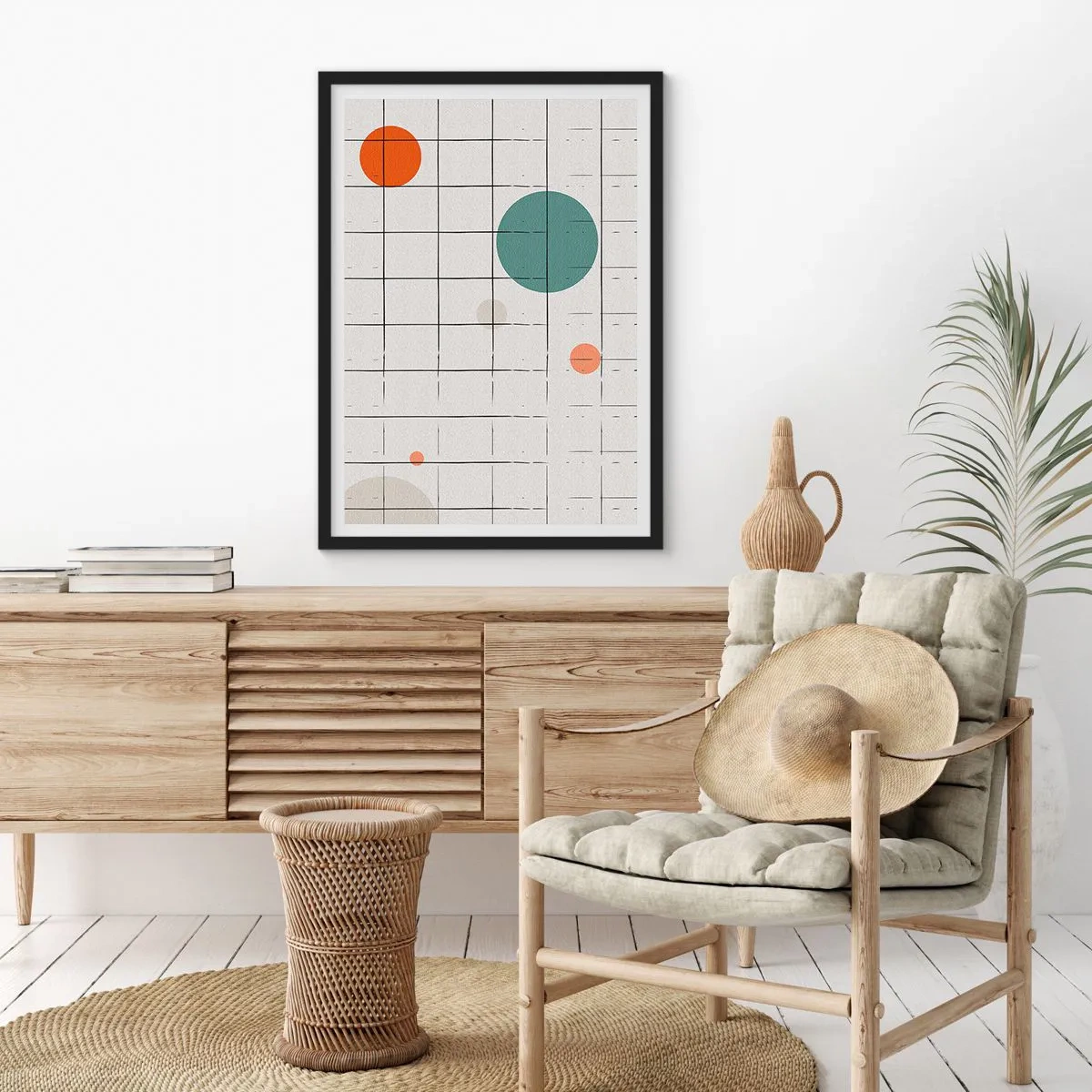 Affiche dans un cadre noir - Poster - Composition abstraite d'une grille et de cercles colorés - 50x70cm - Piégé. Nous ou eux ? - Décoration murale moderne pour le salon et la chambre ARTTOR