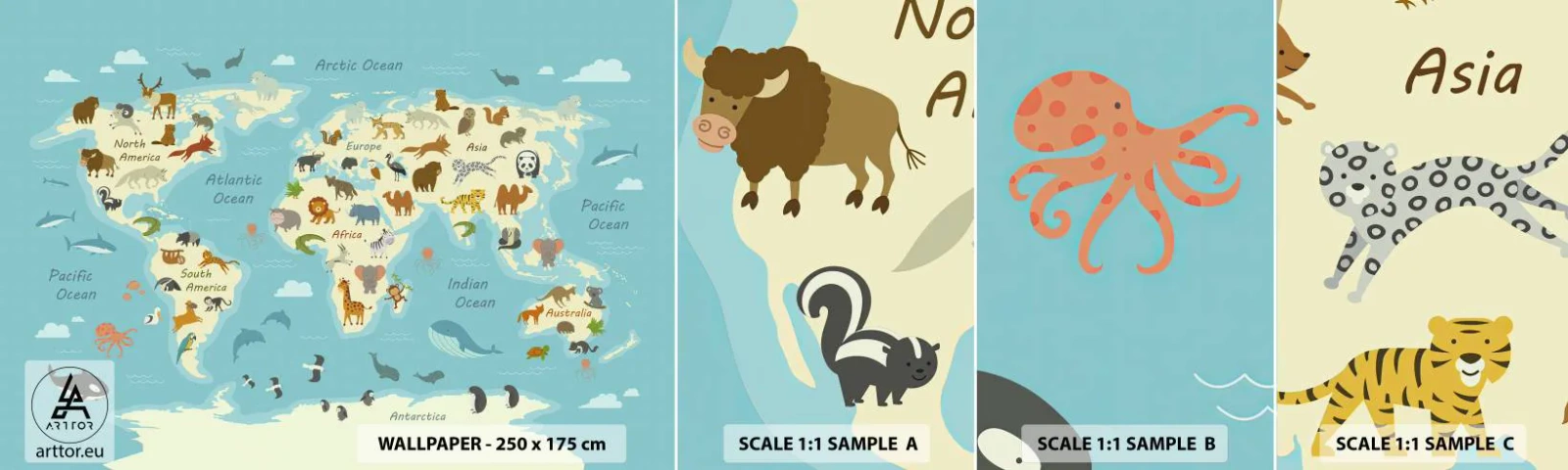 Échantillon De Papier Peint Standard Eco - De bons voisins - Carte du monde, Carte avec des animaux, Animaux - 100x30 cm