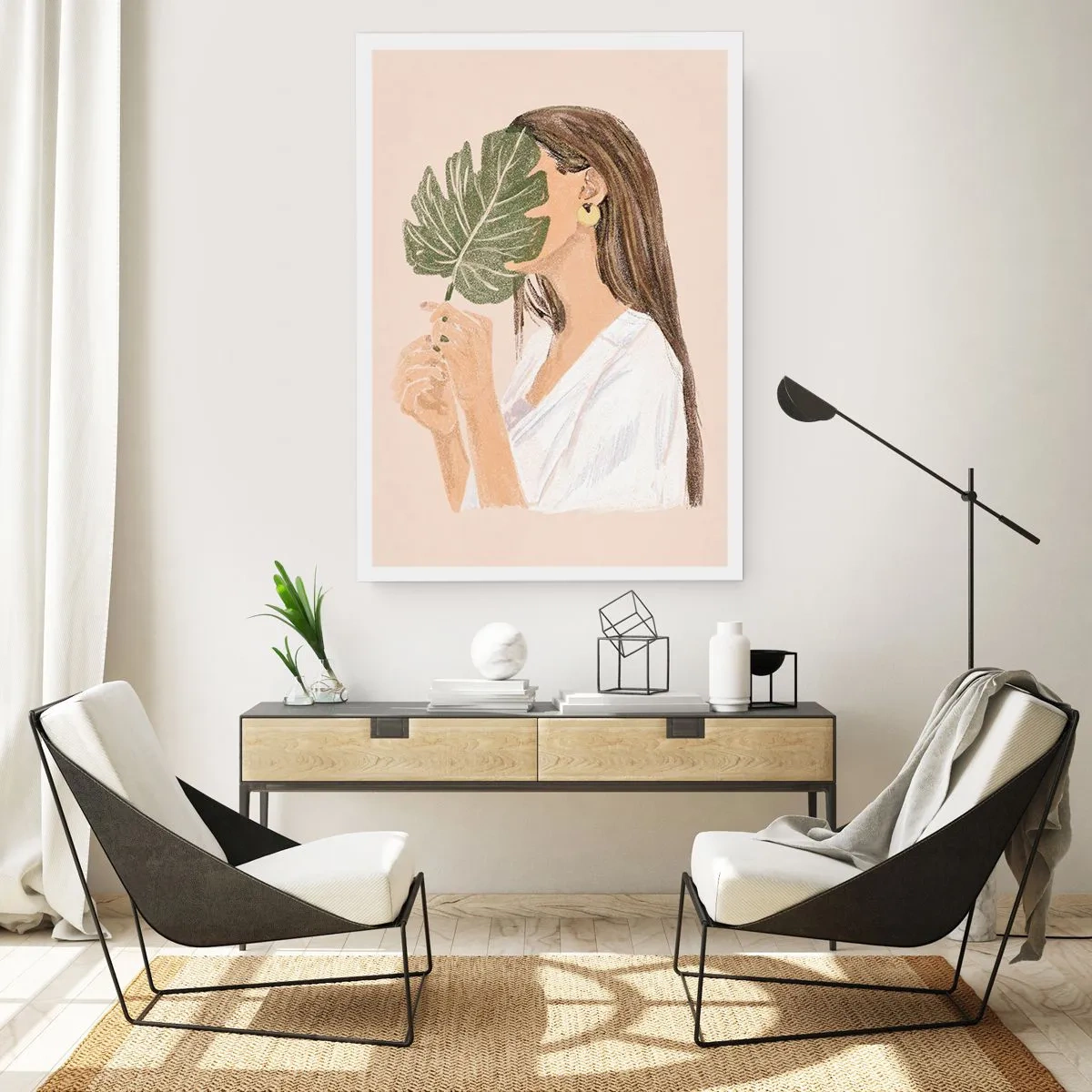Affiche - Poster - Une femme se couvrant le visage avec une feuille de monstera. - 50x70cm - Portrait mystérieux avec un éventail - Décoration murale moderne pour le salon et la chambre ARTTOR