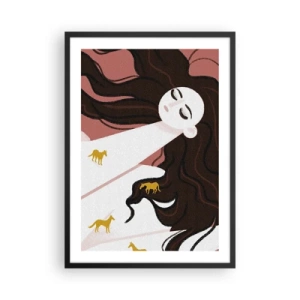 Affiche dans un cadre noir - Poster - Une femme rêveuse aux cheveux longs et aux chevaux dorés - 50x70cm - Rêve d'un cheval d'or - Décoration murale moderne pour le salon et la chambre ARTTOR