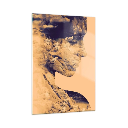 Impression sur verre - Image sur verre - Silhouette d'une femme avec un motif de paysage et d'oiseaux - 50x70cm - Beauté de la nature - Décoration murale moderne pour le salon et la chambre ARTTOR