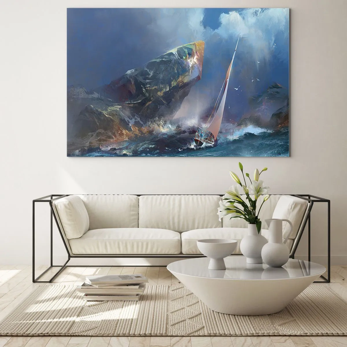 Impression sur verre - Image sur verre - Un voilier dans une tempête au large d'une côte rocheuse - 70x50cm - Celui qui est courageux, gagne - Décoration murale moderne pour le salon et la chambre ARTTOR