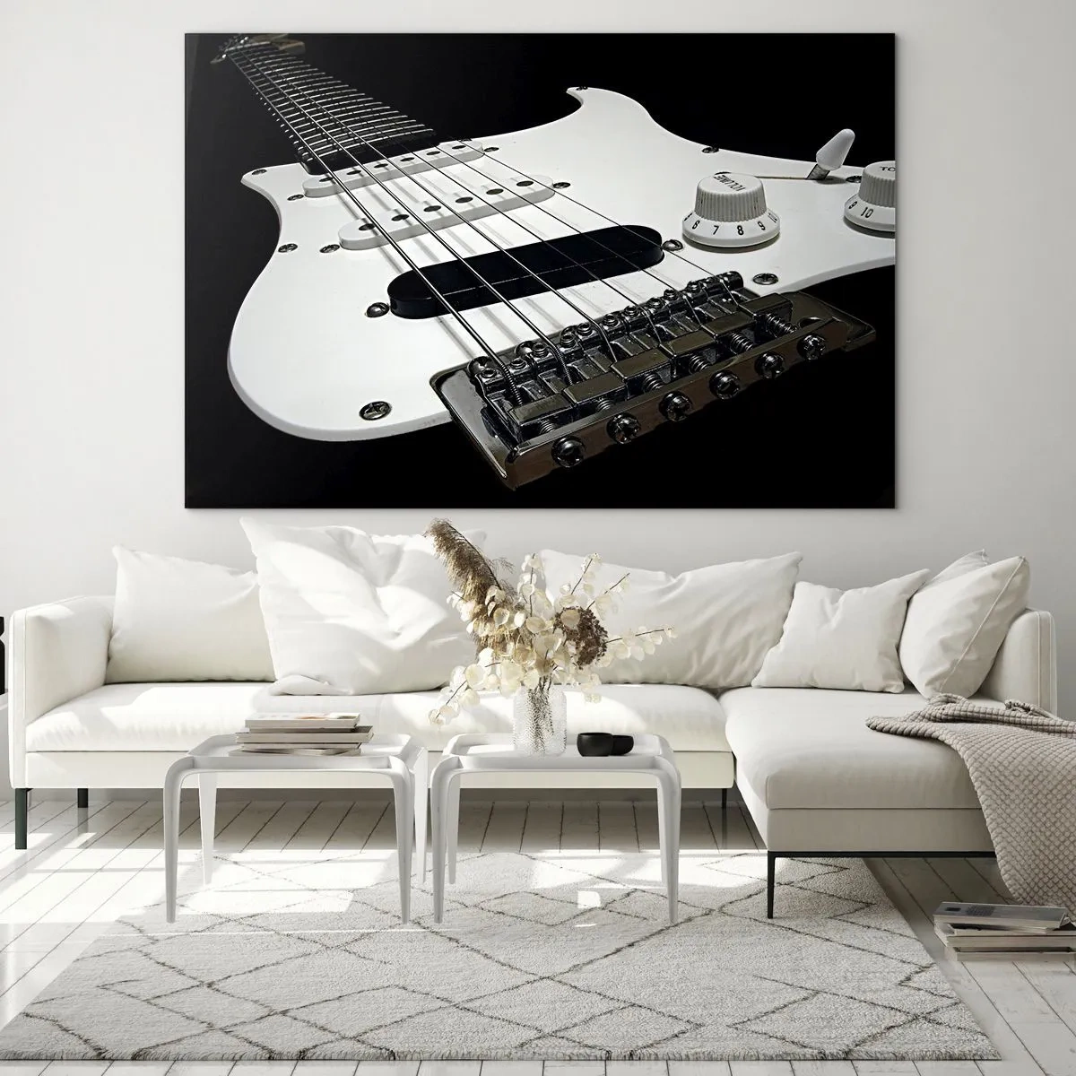 Impression sur verre - Image sur verre - Gros plan d'une guitare électrique blanche sur un fond sombre - 70x50cm - Son caché en blanc - Décoration murale moderne pour le salon et la chambre ARTTOR