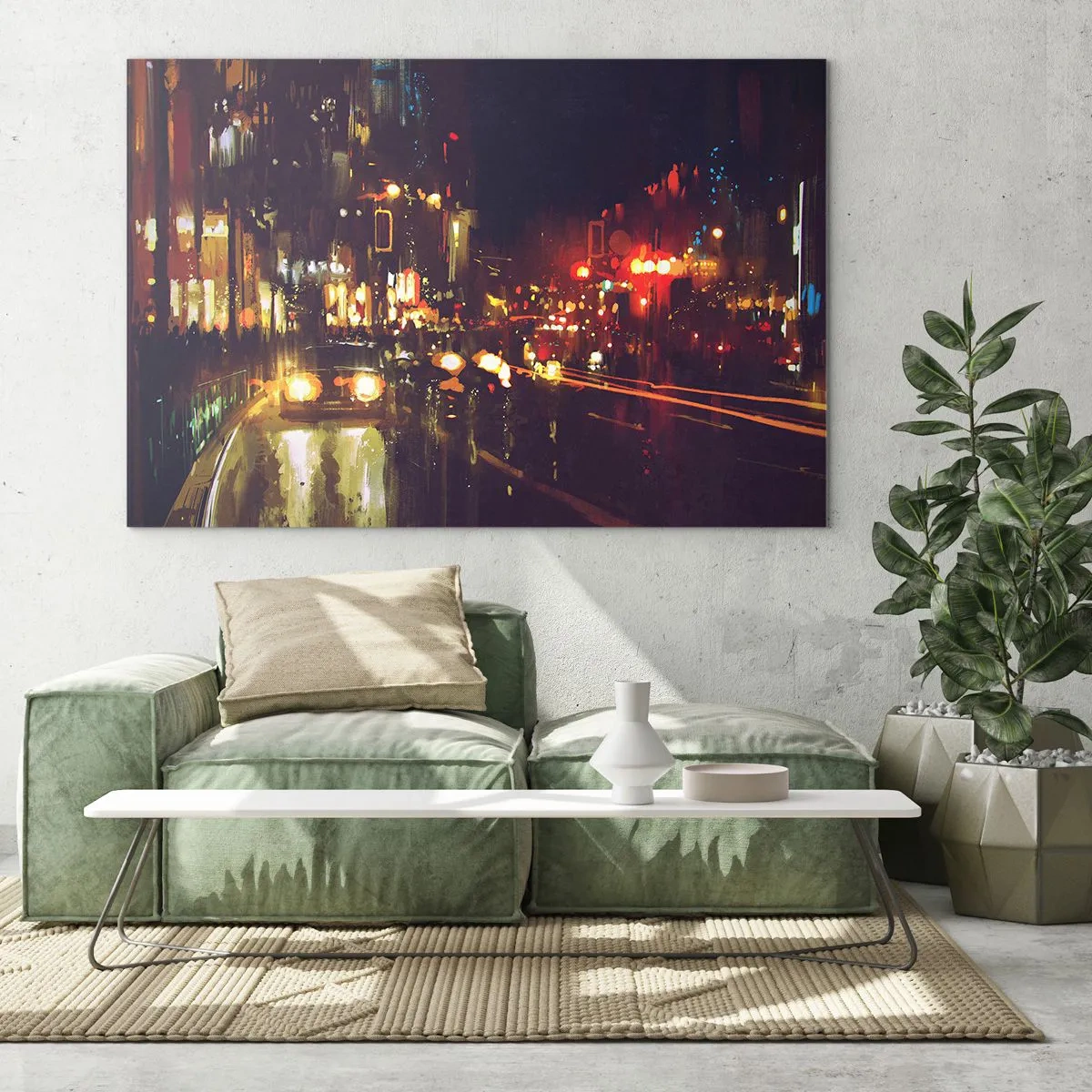 Impression sur verre - Image sur verre - Paysage nocturne de la ville avec des voitures et des lampadaires - 120x80cm - Immergé dans les lumières de la nuit - Décoration murale moderne pour le salon et la chambre ARTTOR