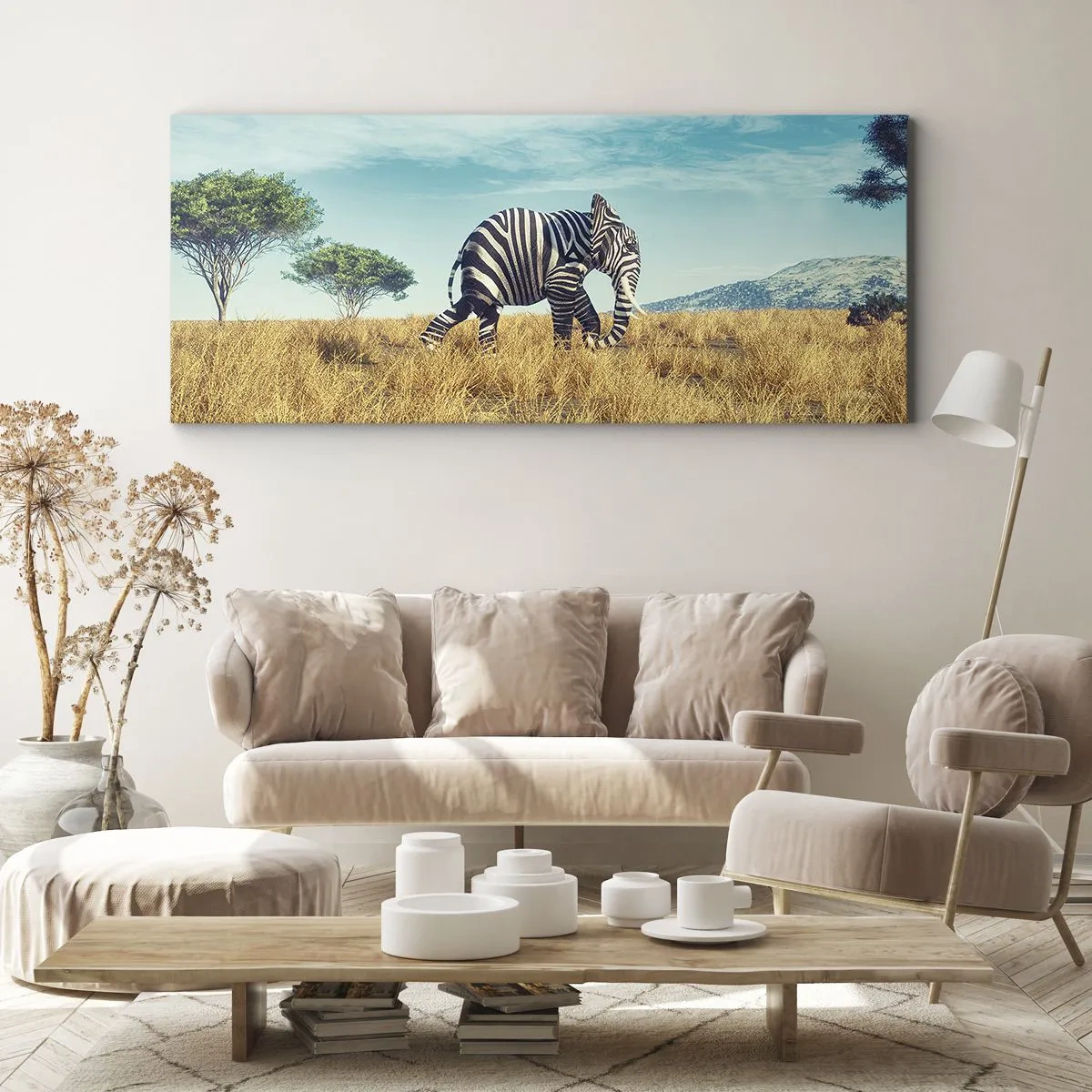 Impression sur toile - Image sur toile - Zèbre dans un paysage africain - 160x50cm - Le gris n'est déjà plus à la mode - Décoration murale moderne pour le salon et la chambre ARTTOR
