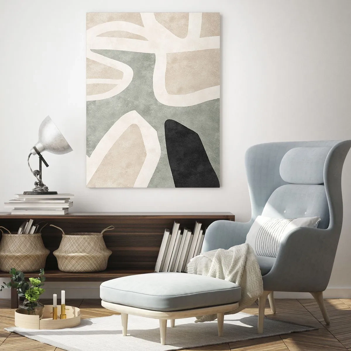 Impression sur verre - Image sur verre - Formes abstraites en beige et vert avec une touche de noir - 50x70cm - Composition pour motif noir - Décoration murale moderne pour le salon et la chambre ARTTOR